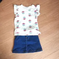 PETIT BATEAU 花柄フリルTシャツ デニムスカート セットのサムネイル
