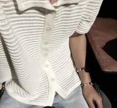 NOWLE】透かし編み サマーニット 半袖 シャツ　オフホワイト　Mサイズ