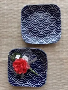 【2枚】美濃焼 瑠璃色 角皿 取り皿 銘々皿　アウトレットのサムネイル