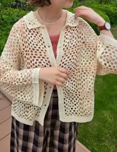 新品SM2クリーム色マシンクロシェシャツカーディガン羽織りF