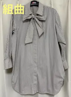 【組曲】ストライプ リボン付きロングシャツ