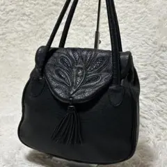 【美品】IBIZA イビサ フラップ ハンドバッグ レザー 黒 刺繍付き