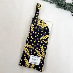 ミモザ柄ネイビー　メガネケース　ハンドメイド