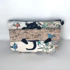 新品　レトロキャット柄　コスメポーチ　メイクアップポーチ　黒猫　大きめサイズ