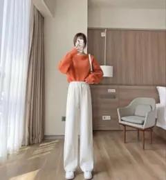 ワイドパンツ 裏起毛ゆったり　美脚　着痩せ　無地　白　カジュアル