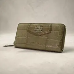 상태좋음 ✨COACH コーチ 長財布 クロコ型押し レザー カーキ ラウンドジップ