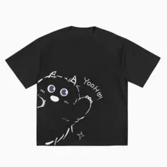 黒猫プリントTシャツ 半袖 シンプル カジュアル 男女兼用 かわいい