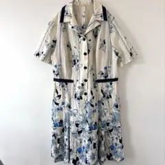 花柄 ストライプ 半袖 シャツ ワンピース ホワイト レディース ブルー