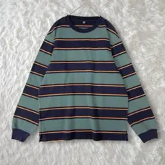 ユニクロ　ウォッシュボーダーT 長袖カットソー　グリーン×ネイビー　コットン　L
