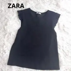 ZARA ブラック レース袖 エンボス【M】ノースリーブ トップス