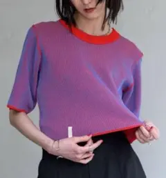 ヴァカンシー 配色 五分袖 リブニット サマーニット オレンジ パープルのサムネイル