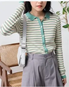 FREAK'S STORE ウォッシャブル マルチボーダー ポロカーディガン