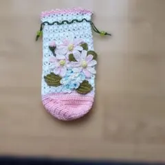 バンドメイド、マイボトル入、ペットボトル入、レース糸使用、花柄刺繍のかぎ針編み