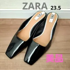 美品 ZARA ザラ ブラック エナメル スクエア ポインテッドトゥ ミュール