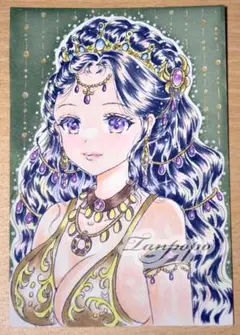 手描きイラスト オリジナル 原画 砂漠の王国の姫 陶器製額付き