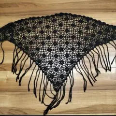 ブラックレース編み⭐︎フリンジ三角ストール