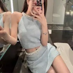 キャバクラ ドレス セットアップ ツイード ビジュー 水色 ブルー ワンホン