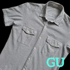 GU 半袖ポロシャツ ホワイトボーダー 胸ポケット付き 前開き S
