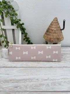 スリムペンケース【ラミネート】プチリボン くすみピンク☆ハンドメイド