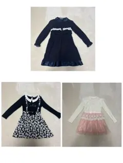 女の子長袖ワンピース130　紺　白/ピンク　白/黒
