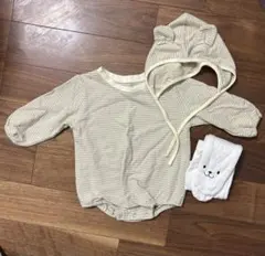 【値下げ】ストライプロンパース くま耳ボンネット タイツ 3点セット ベージュ