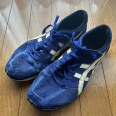 asics 25 男女 青オレンジ メッシュ ランニングシューズ - メルカリ
