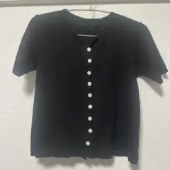 黒 半袖 リブ編み トップス ボタン付き