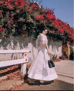 セルフポートレイト　プリーツ　ロングワンピース　リボン　バイカラー