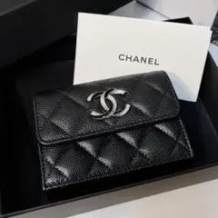 【正規品】 CHANEL キャビアスキン 三つ折り財布 ブラック 箱・保存袋付き