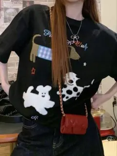 SHEIN 半袖レターワッペンラウンドネックカジュアルTシャツ 黒　ブラックのサムネイル