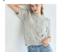ヤク風ケーブル半袖ニット　ライトグレーL