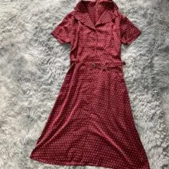 22 OCTOBLE ベルト付サテンブラウス柄物ワンピース赤系38美品