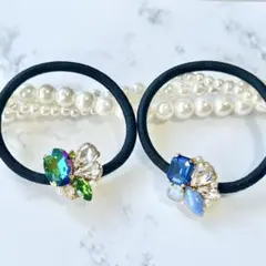 【限定セット】グリーン＆ブルー　ストーン　キラキラ　ヘアゴム　ハンドメイド