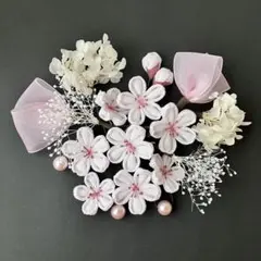 e-21 桜つまみ細工　ピンクリボン髪飾り　卒業式　成人式　袴　着物　かすみ草