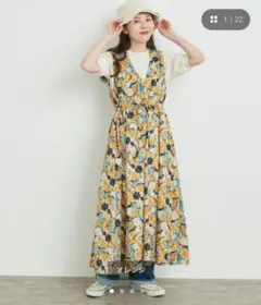 アトリエドゥサボン まぎれこむフルーツとおはなのプリントワンピース