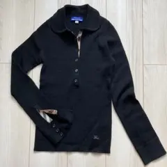 バーバリーロンドン　ノバチェックホースロゴ刺繍丸襟ポロ襟長袖ニット　黒　38