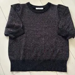 ラメ入り黒ニットセーター 半袖 パフスリーブ