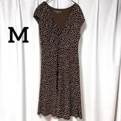 ジョーンズ ドット 【M】ひざ丈 ワンピース フレンチスリーブ 茶 半袖