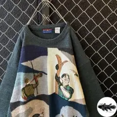 レトロヴィンテージ☆前面ビッグロゴニット 総柄 スキー柄 刺繍 深緑 人気L
