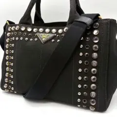 プラダ カナパ S 2way ハンドバッグ キャンバス ビジュー ブラック