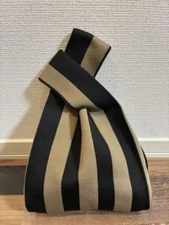新品　リブニットトートバッグ　モカ×黒　ストライプ　2way