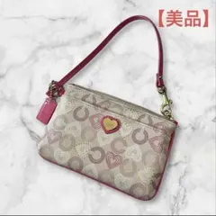 【美品】COACH ウェイバリーハーツリストレット ポーチ 白 アイボリー