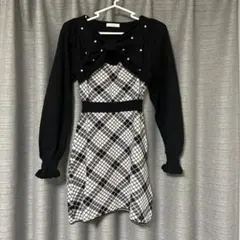evelyn エブリン 長袖チェックリボンニットワンピース ブラック