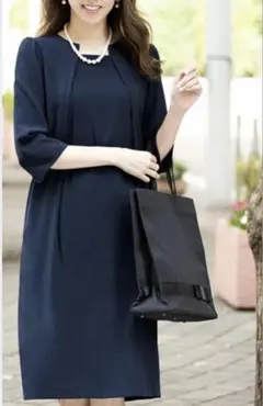 【未使用】ネイビーLワンピース フォーマル 膝丈 七分袖 体型カバー 洗える