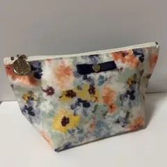 花柄ポーチ 水彩 ブルー系 ネイビー ミントグリーン リボン マチ付き