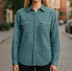 美品 Eddie Bauer シャツ M相当 緑柄 長袖 ポケット付