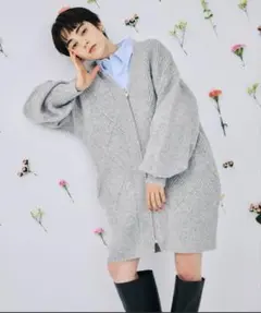 未使用✨アダムエロペ 柄ニットジップカーディガンミニワンピース グレー