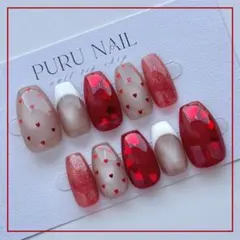 467現品◾️バレンタイン×マグネット️×ハート×フレンチ×ベージュ赤◾️ネイルチップ