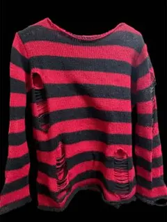 赤と黒のストライプ長袖ニットサブカル，地雷，パンク系