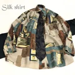 1299 シルクシャツ　ネクタイシャツ　アート柄　シルクネクタイ付　古着コーデ